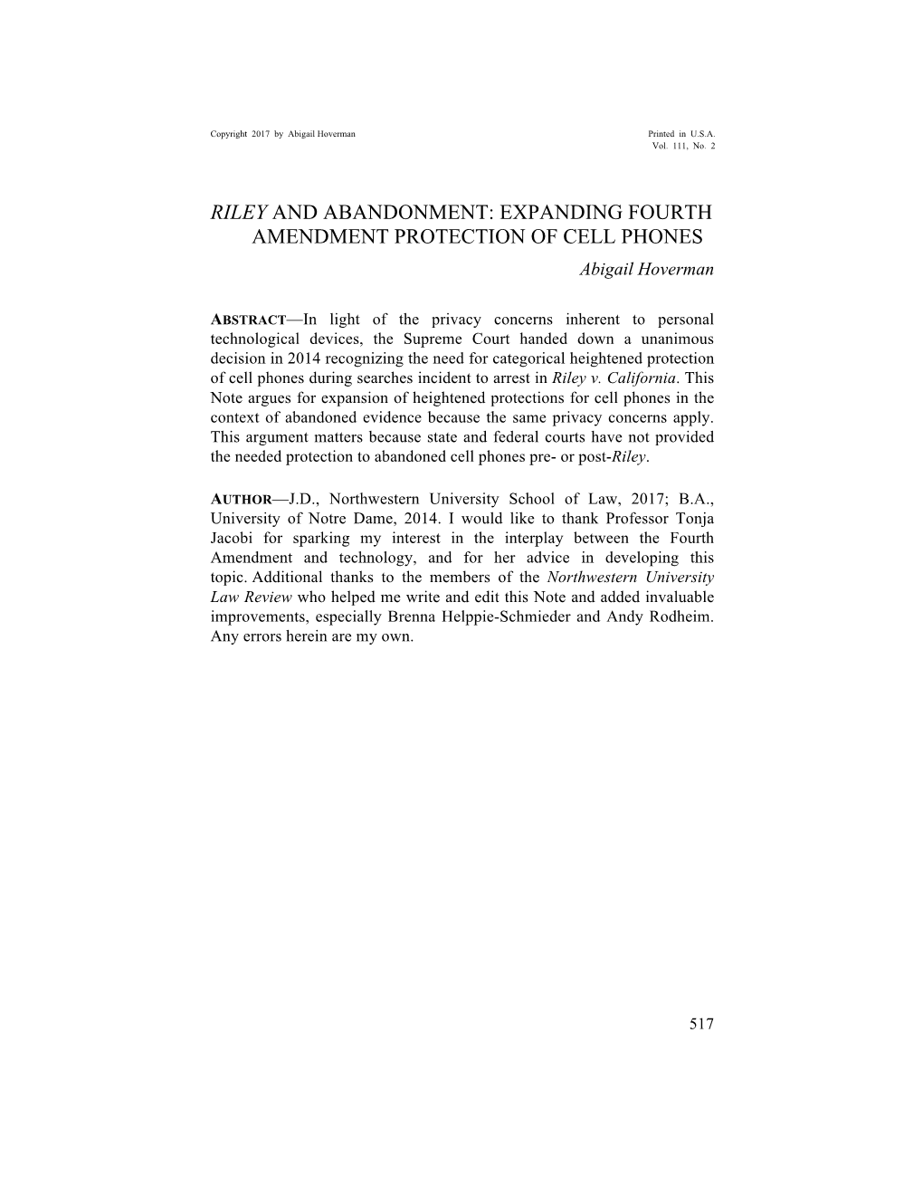 RILEY and ABANDONMENT: EXPANDING FOURTH AMENDMENT PROTECTION of CELL PHONES Abigail Hoverman