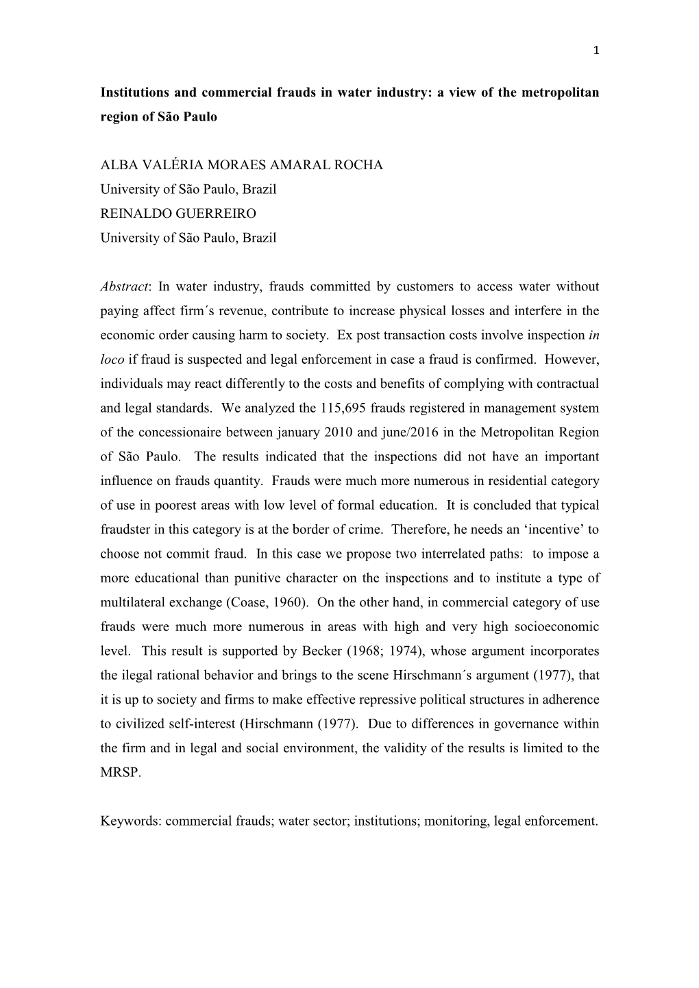 Institutions and Commercial Frauds in Water Industry: a View of the Metropolitan Region of São Paulo