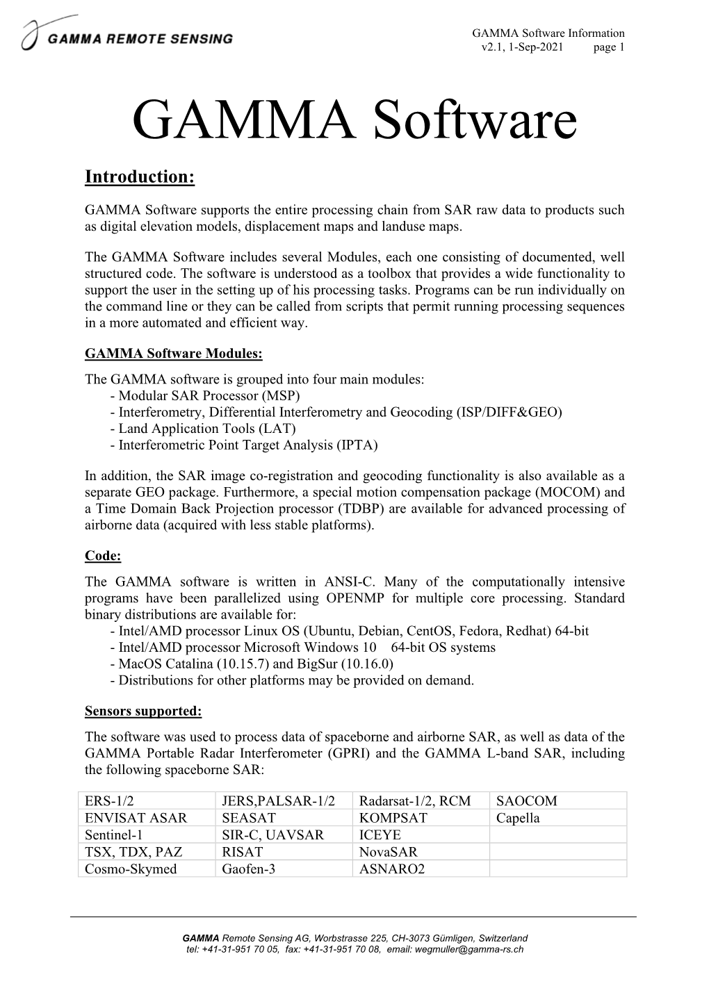 GAMMA Software Information V2.1, 1-Sep-2021 Page 1 GAMMA Software Introduction