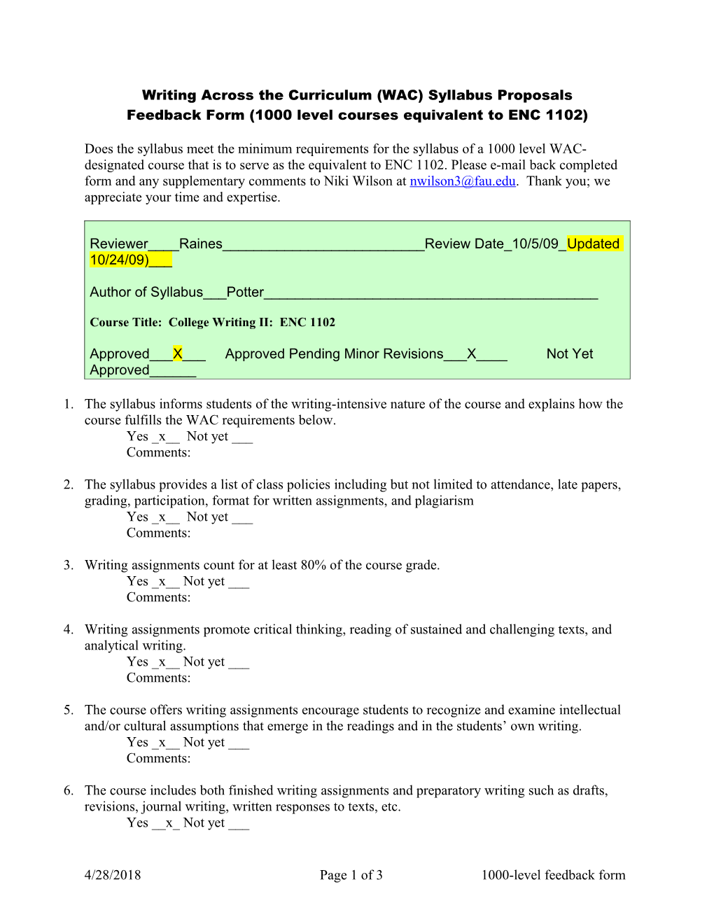 Writing Across the Curriculum (WAC) Syllabus Proposals