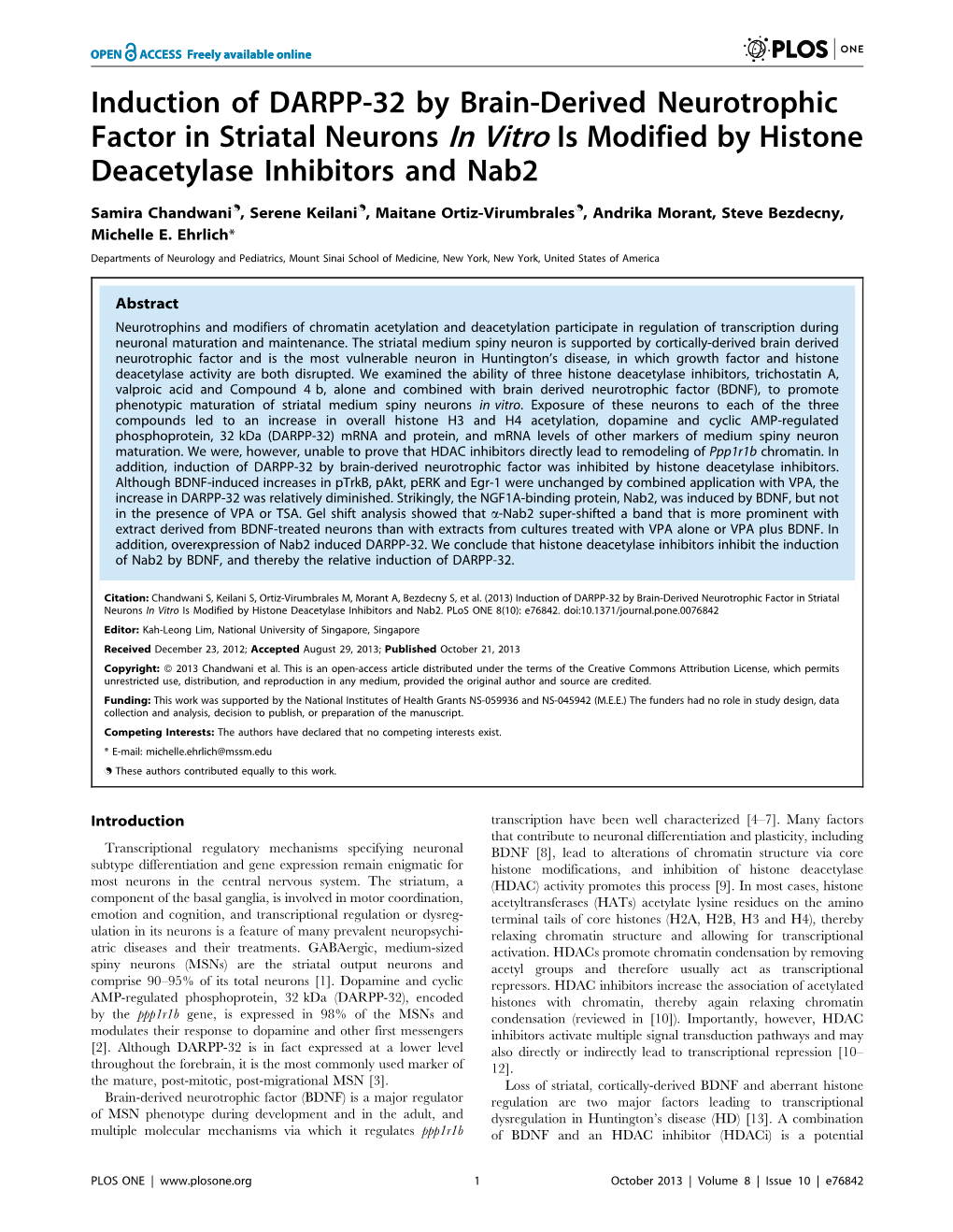 Induction of DARPP-32 by Brain-Derived Neurotrophic Factor in Striatal Neurons in Vitro Is Modified by Histone Deacetylase Inhibitors and Nab2