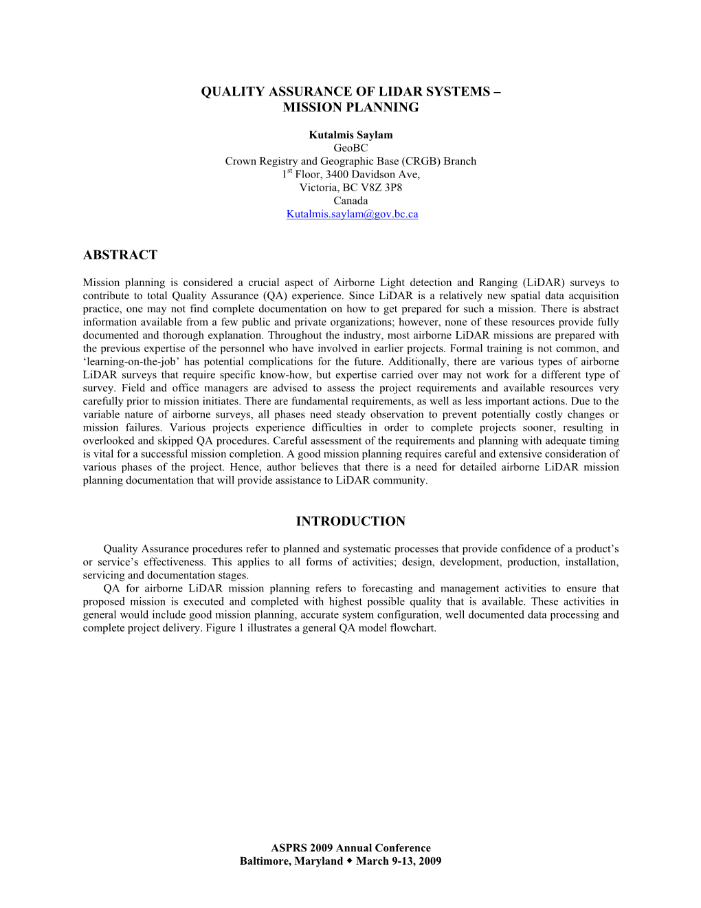 Quality Assurance of Lidar Systems – Mission Planning