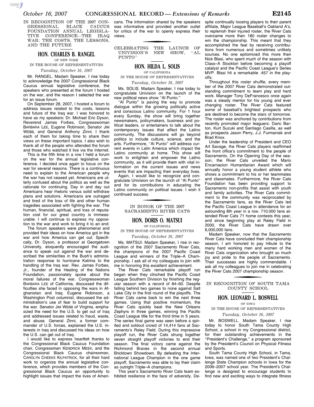 CONGRESSIONAL RECORD— Extensions of Remarks E2145 HON. CHARLES B. RANGEL HON. HILDA L. SOLIS HON. DORIS O. MATSUI HON. LEONARD