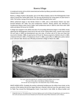 Bowna Village a Condensed Version of an Article Researched and Written by Albury Journalist and Historian, Howard Jones in 1989