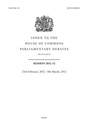 Index to the House of Commons Parliamentary