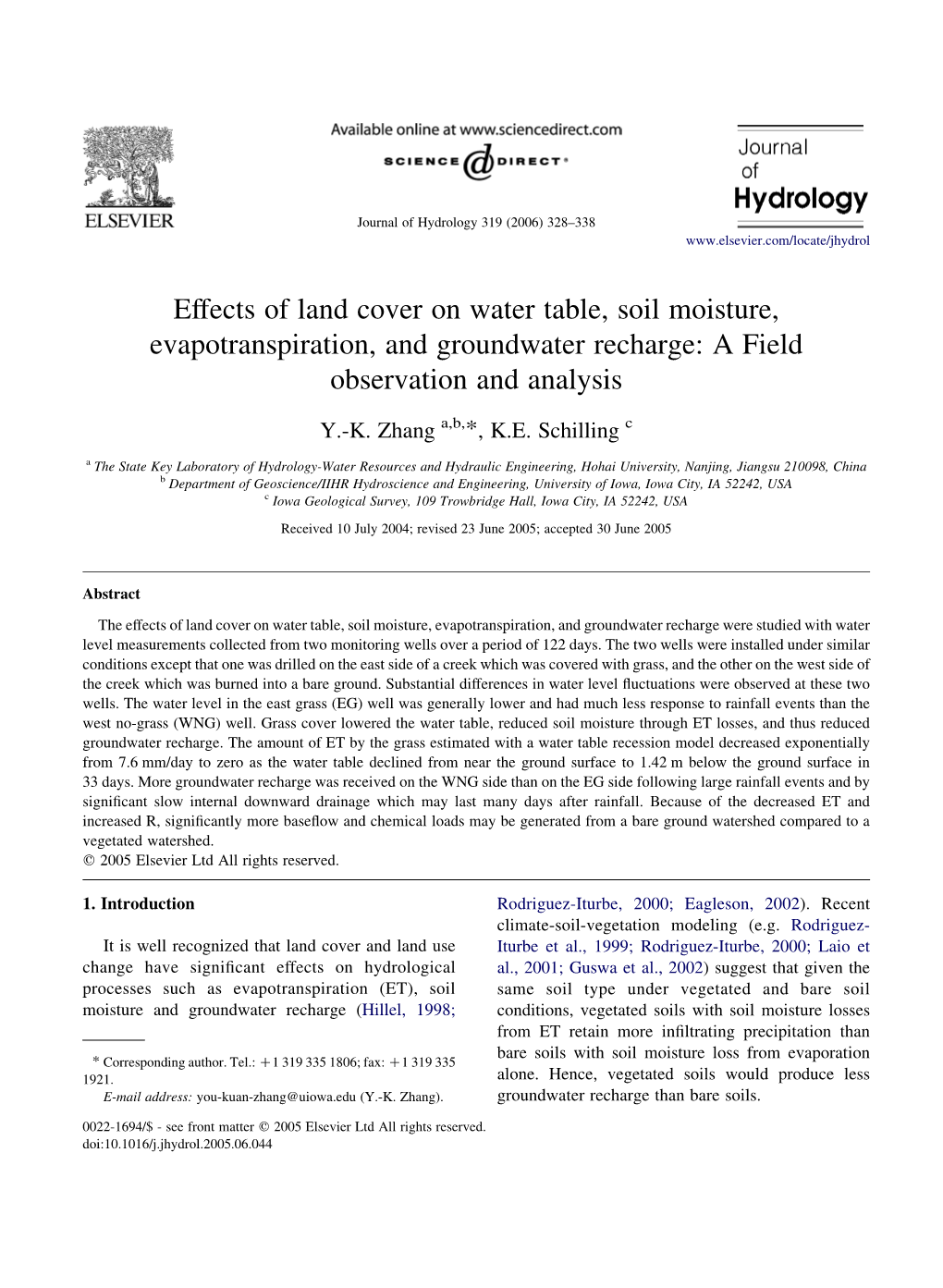 Effects of Land Cover on Water Table, Soil Moisture, Evapotranspiration, and Groundwater Recharge: a Field Observation and Analysis