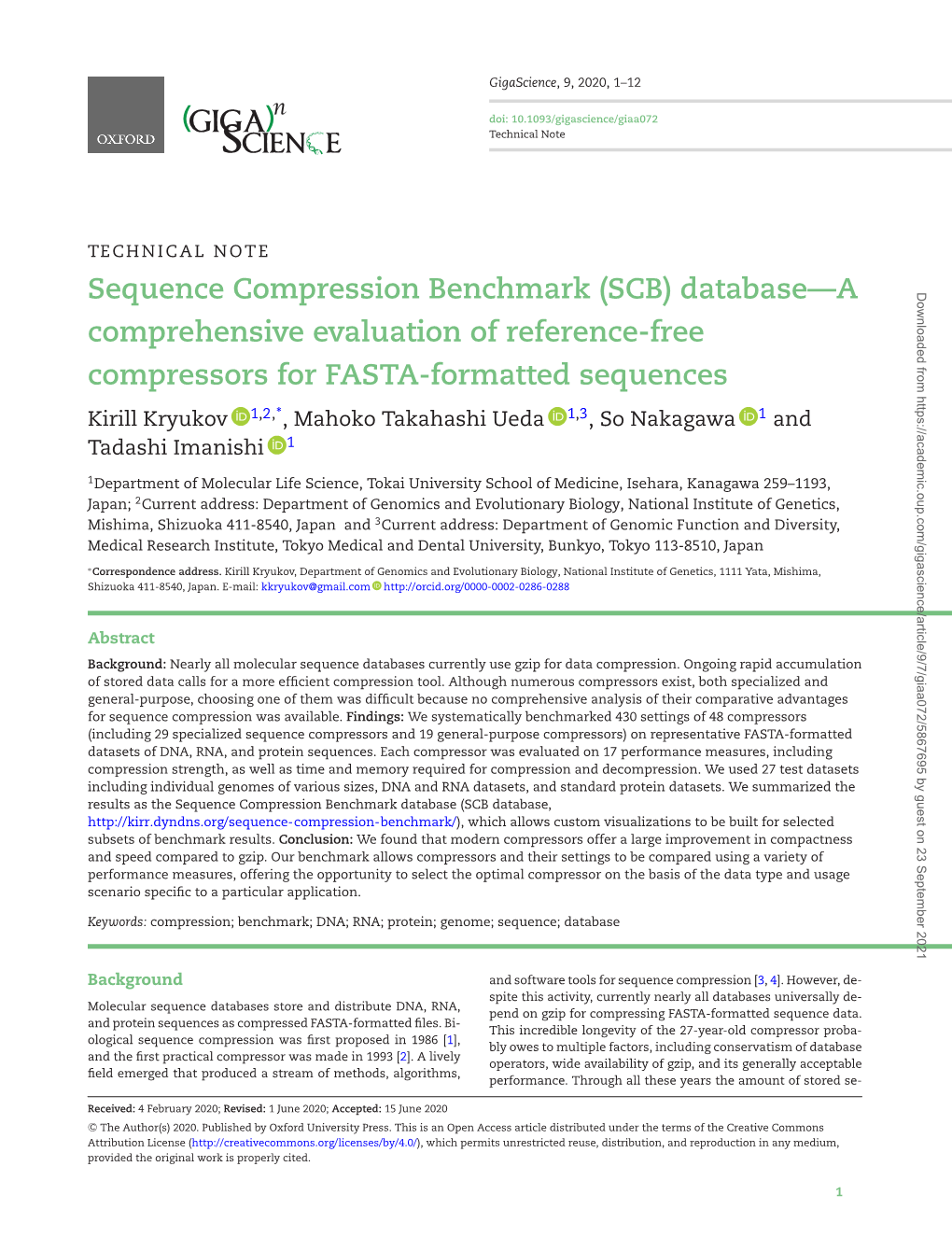 Sequence Compression Benchmark (SCB) Database—A Comprehensive