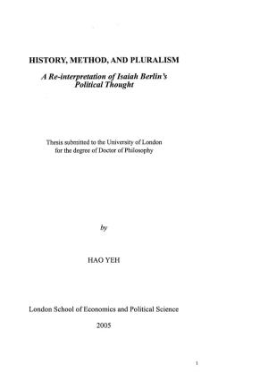 'History, Method and Pluralism: a Re-Interpretation of Isaiah Berlin's