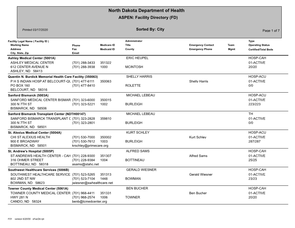 North Dakota Department of Health ASPEN: Facility Directory (FD)