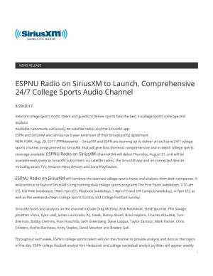 ESPNU Radio on Siriusxm to Launch, Comprehensive 24/7 College Sports Audio Channel