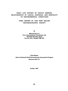 Early Life History of Pacific Herring: Relationships of Larval Dispersal and Mortality to Environmental Conditions