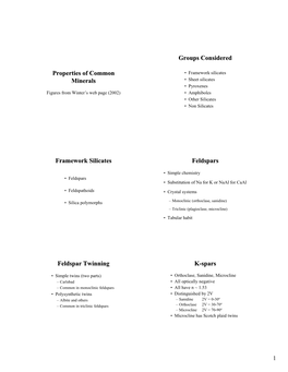 Properties of Common Minerals Groups Considered Framework Silicates Feldspars Feldspar Twinning K-Spars