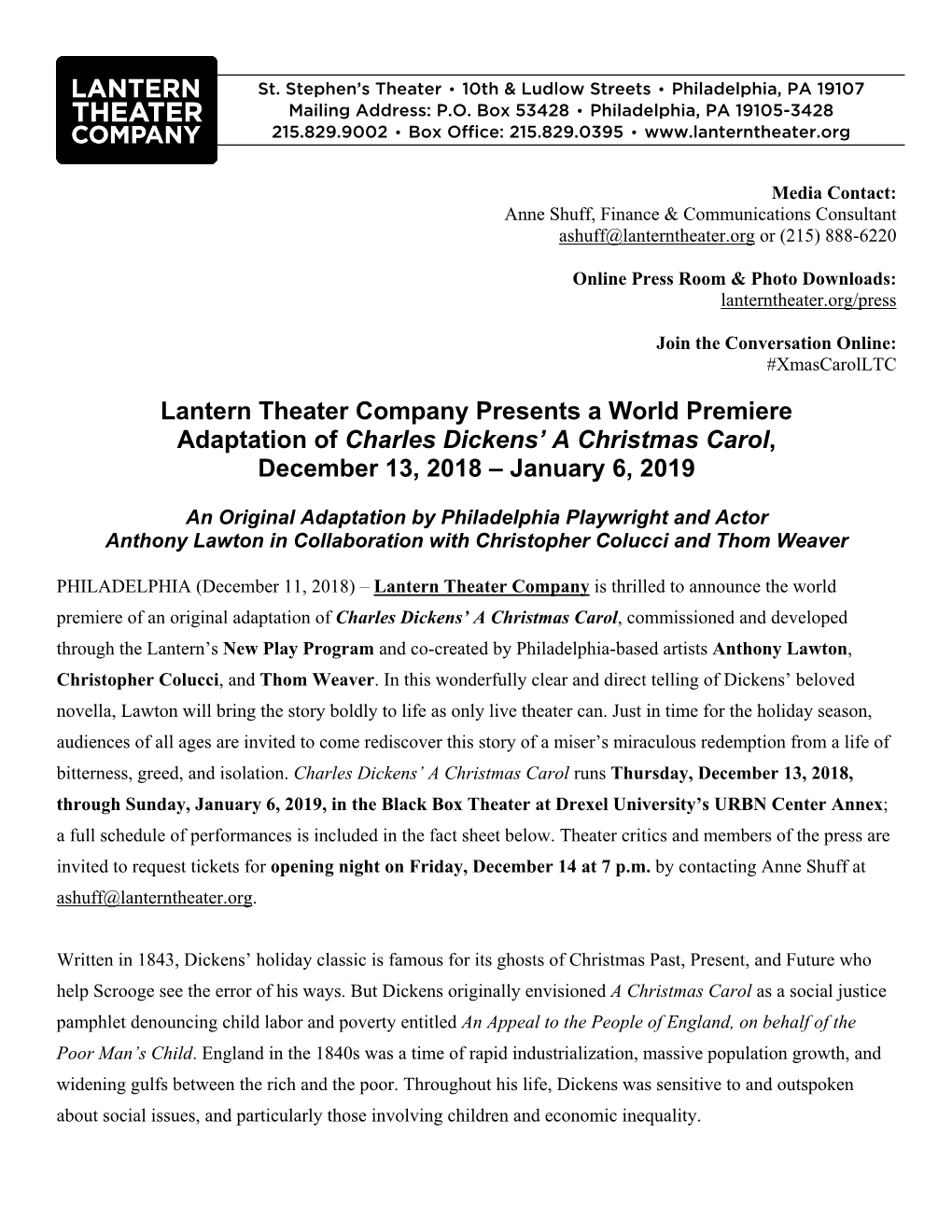 Lantern Theater Company Presents a World Premiere Adaptation of Charles Dickens’ a Christmas Carol, December 13, 2018 – January 6, 2019