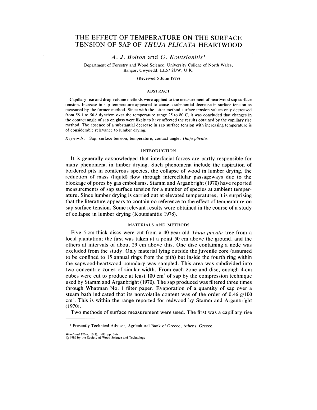 The Effect of Temperature on the Surface Tension of Sap of Thuja Plicata Heartwood