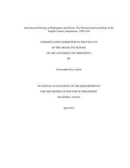 Iatrochemical Healing in Shakespeare and Donne: the Diseased and Cured Body in the English Literary Imagination, 1590-1638