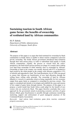 Sustaining Tourism in South African Game Farms: the Benefits of Ownership of Restituted Land by African Communities