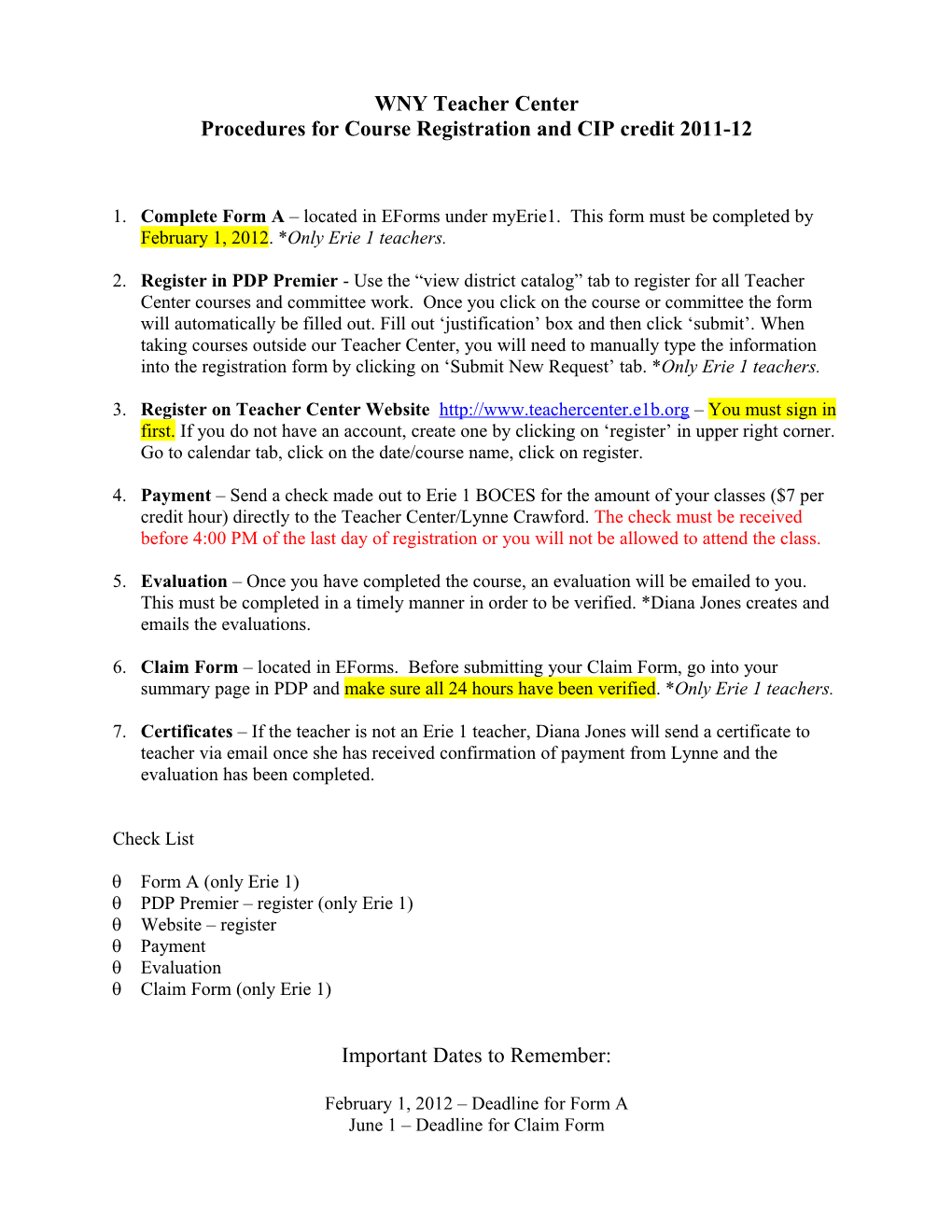 Procedures for Course Registration and CIP Credit 2011-12