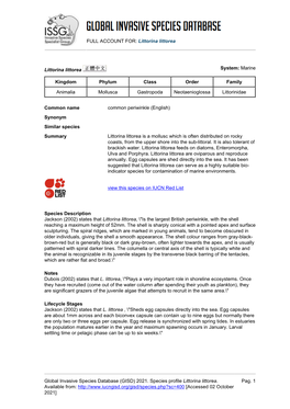 (GISD) 2021. Species Profile Littorina Littorea. Available