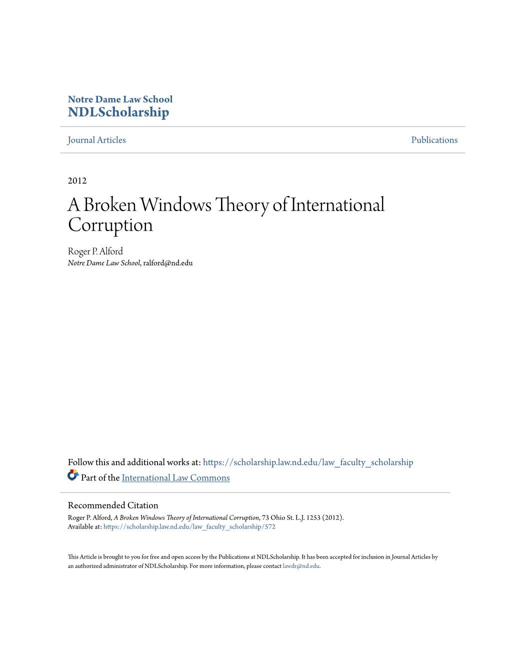 A Broken Windows Theory of International Corruption Roger P