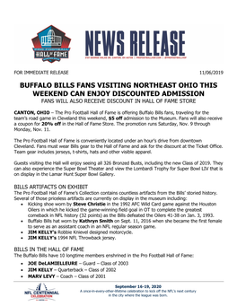 Buffalo Bills Fans Visiting Northeast Ohio This Weekend Can Enjoy Discounted Admission Fans Will Also Receive Discount in Hall of Fame Store