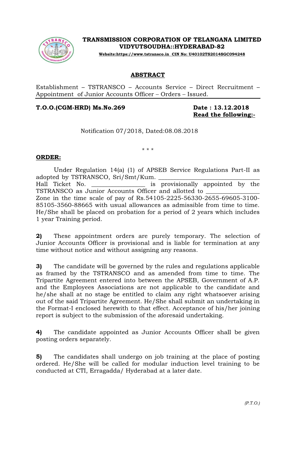 TRANSMISSION CORPORATION of TELANGANA LIMITED VIDYUTSOUDHA::HYDERABAD-82 Website: CIN No: U40102TS2014SGC094248