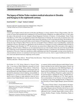 The Legacy of Václav Trnka: Modern Medical Education in Slovakia and Hungary in the Eighteenth Century