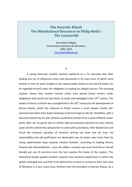 The Neurotic Ritual: the Metafictional Discourse in Philip Roth's The