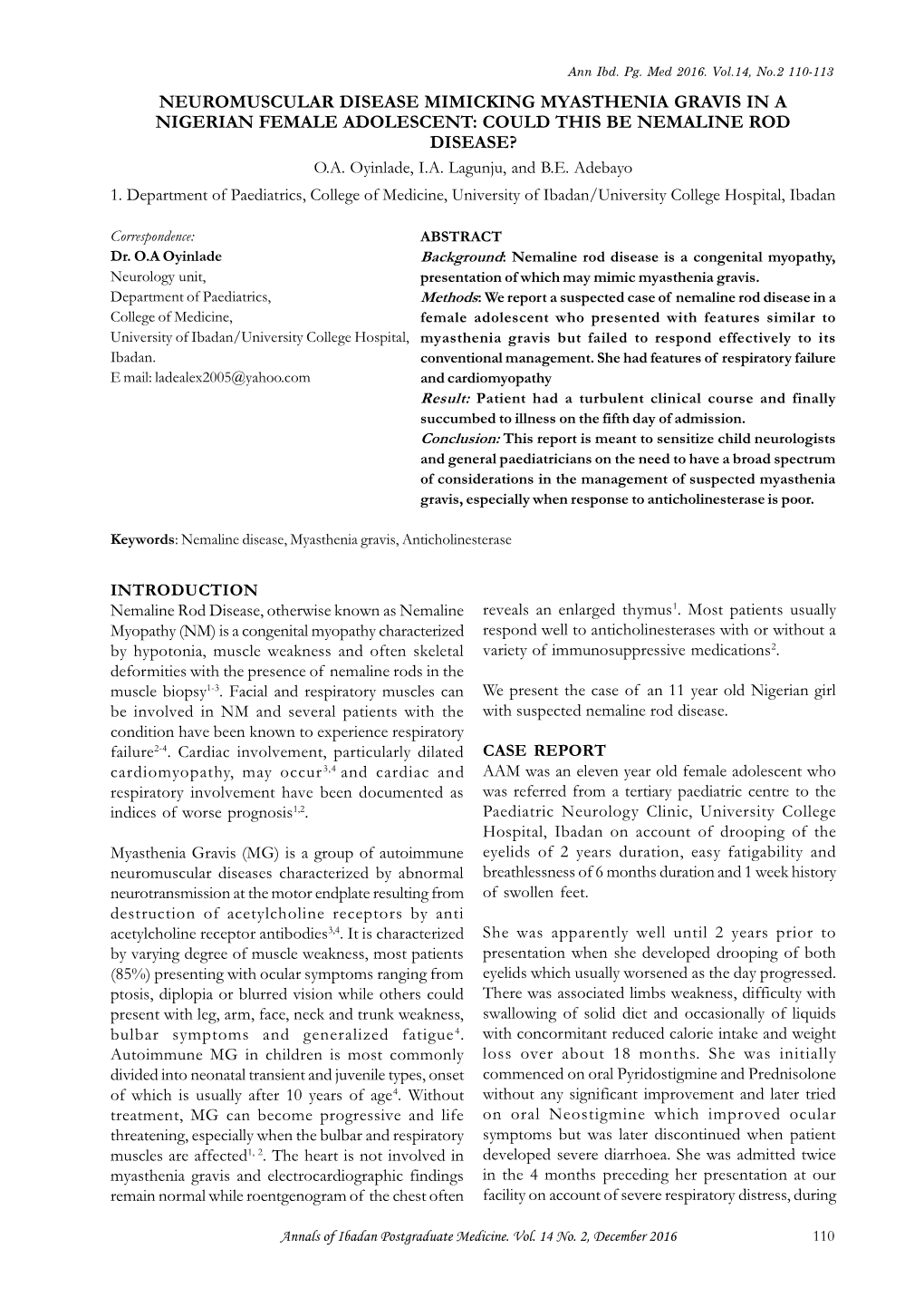 Neuromuscular Disease Mimicking Myasthenia Gravis in a Nigerian Female Adolescent: Could This Be Nemaline Rod Disease? O.A