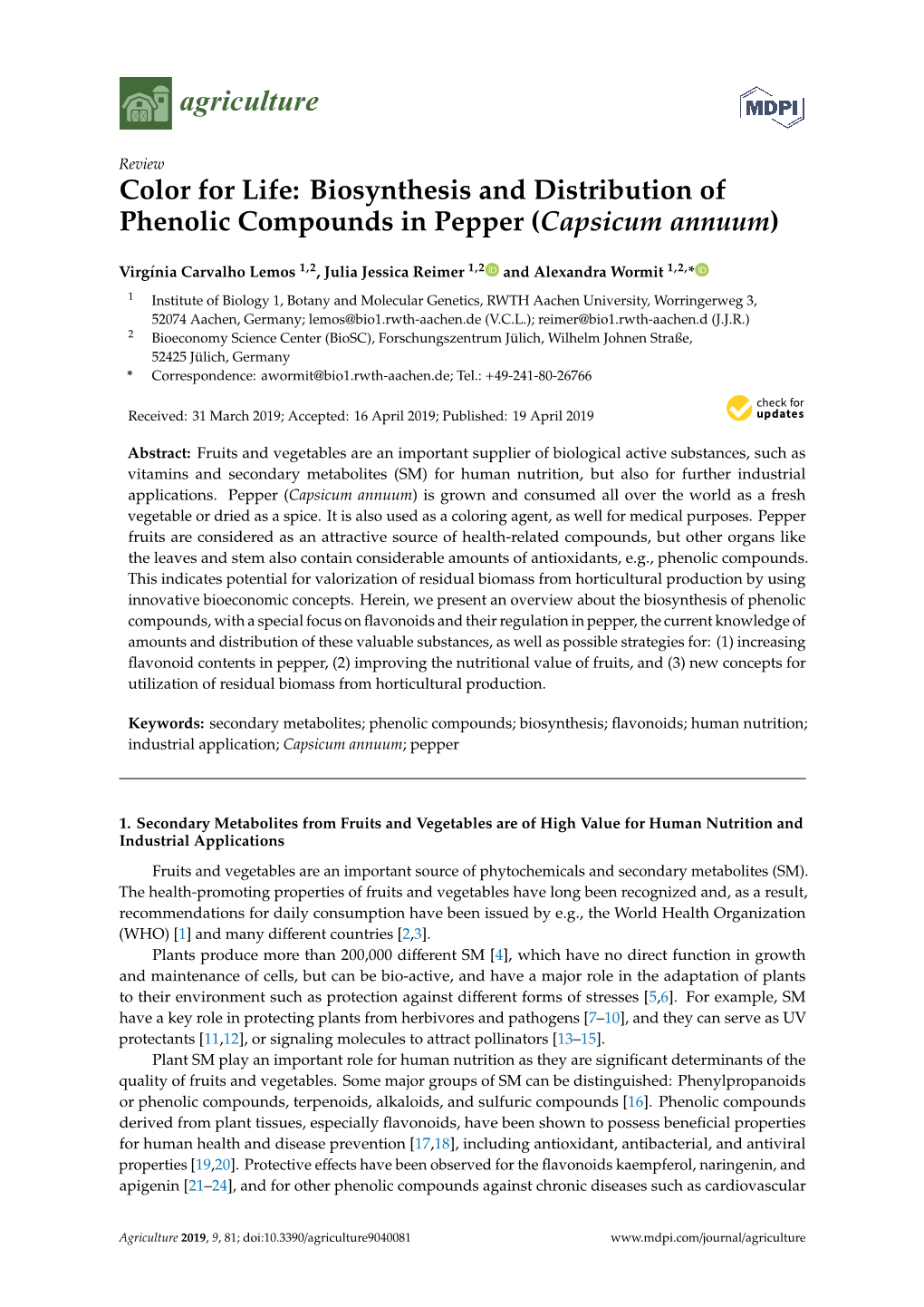 Color for Life: Biosynthesis and Distribution of Phenolic Compounds in Pepper (Capsicum Annuum)