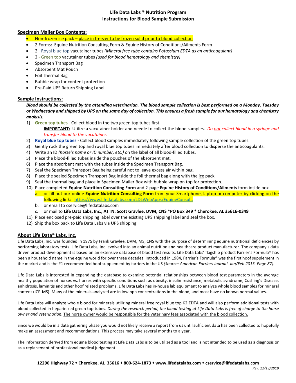 Life Data Labs ® Nutrition Program Instructions for Blood Sample Submission