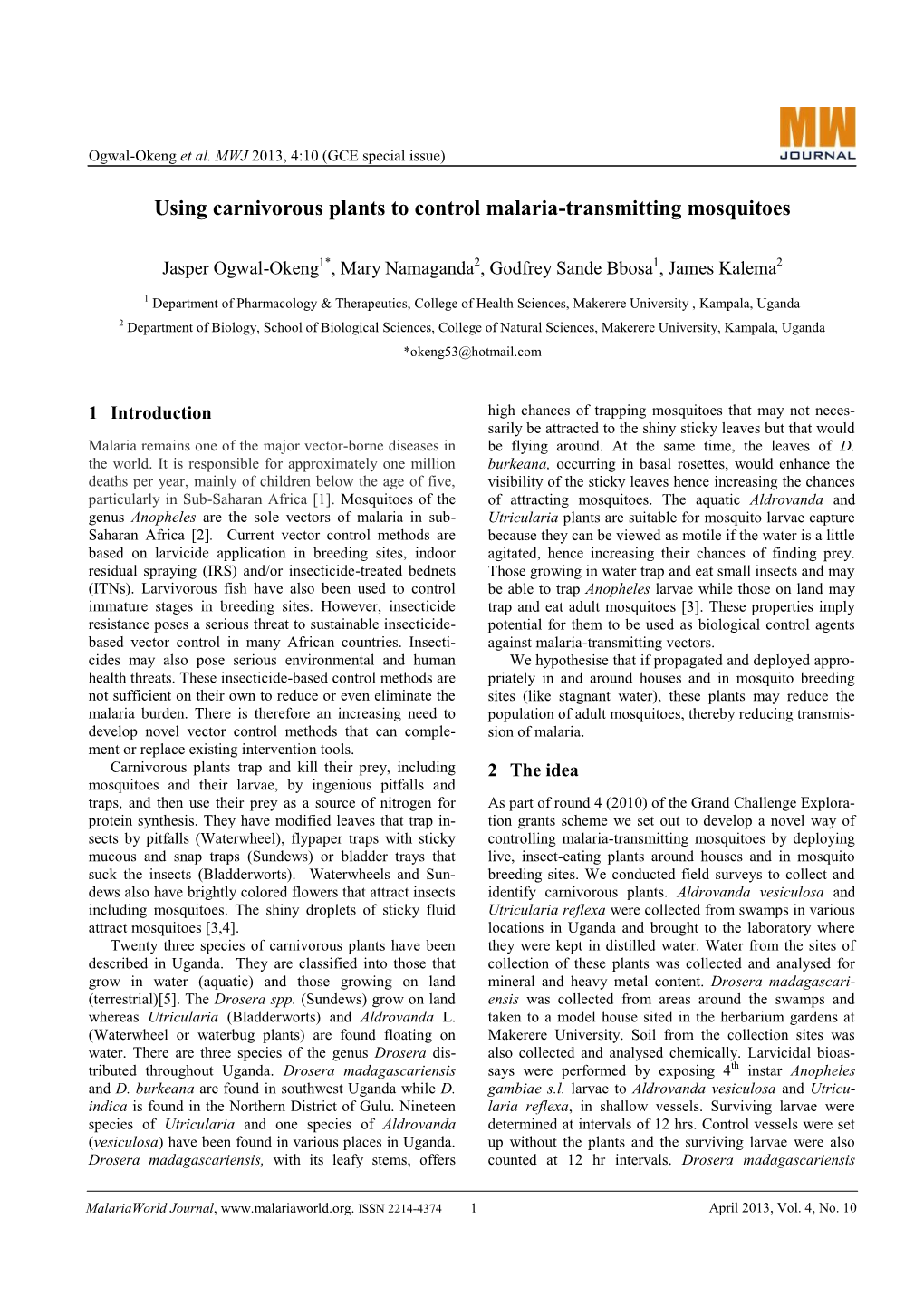 Using Carnivorous Plants to Control Malaria-Transmitting Mosquitoes