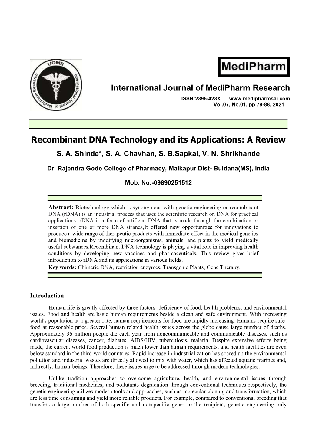 Recombinant DNA Technology and Its Applications: a Review S