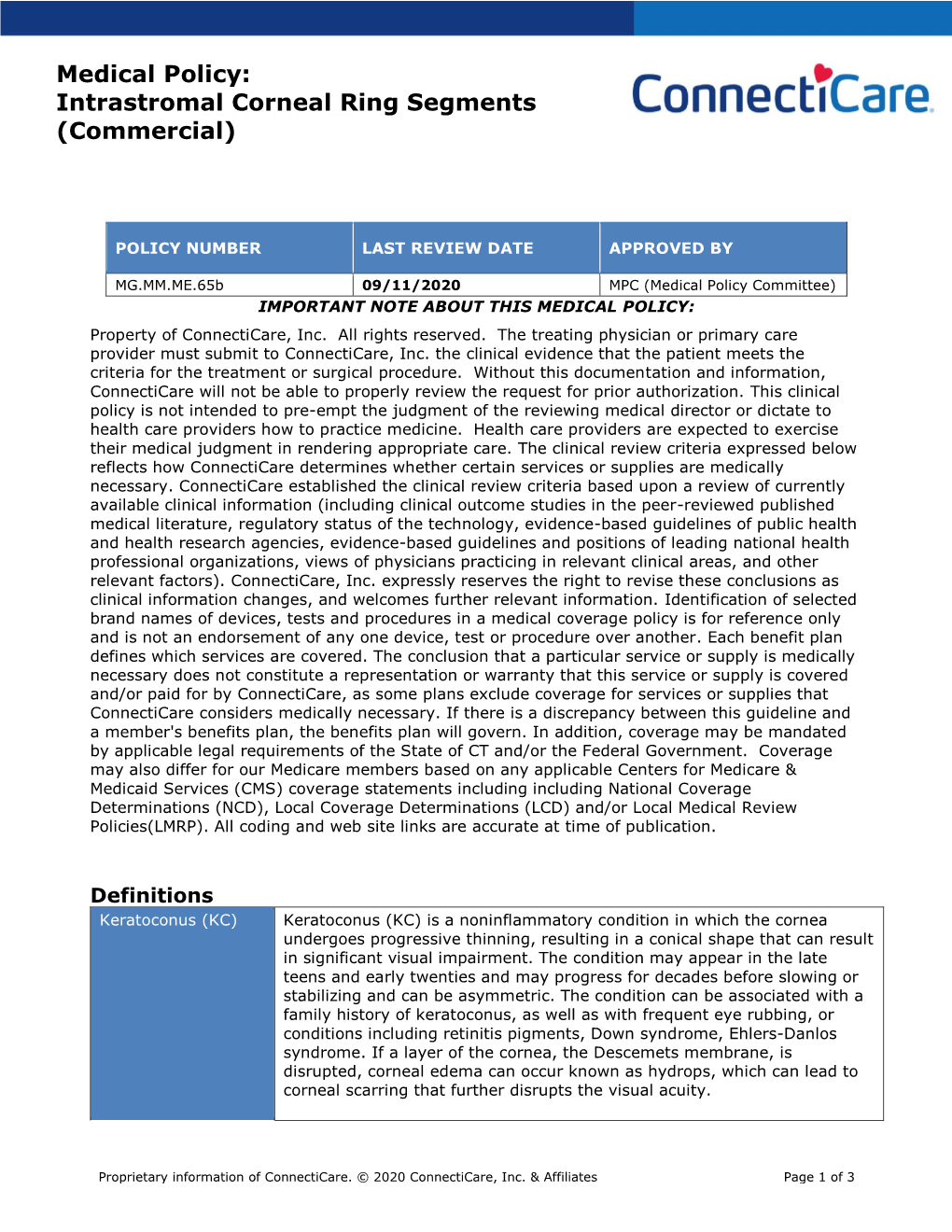 Medical Policy: Intrastromal Corneal Ring Segments (Commercial)