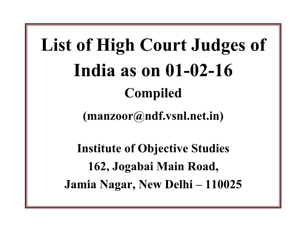 List of High Court Judges of India As on 01-02-16 Compiled (Manzoor@Ndf.Vsnl.Net.In)
