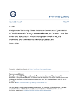 Lawrence Foster; an Ordered Love: Sex Roles and Sexuality in Victorian Utopias—The Shakers, the Mormons, and the Oneida Community Louis Kern