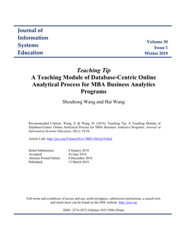 Teaching Tip a Teaching Module of Database-Centric Online Analytical Process for MBA Business Analytics Programs