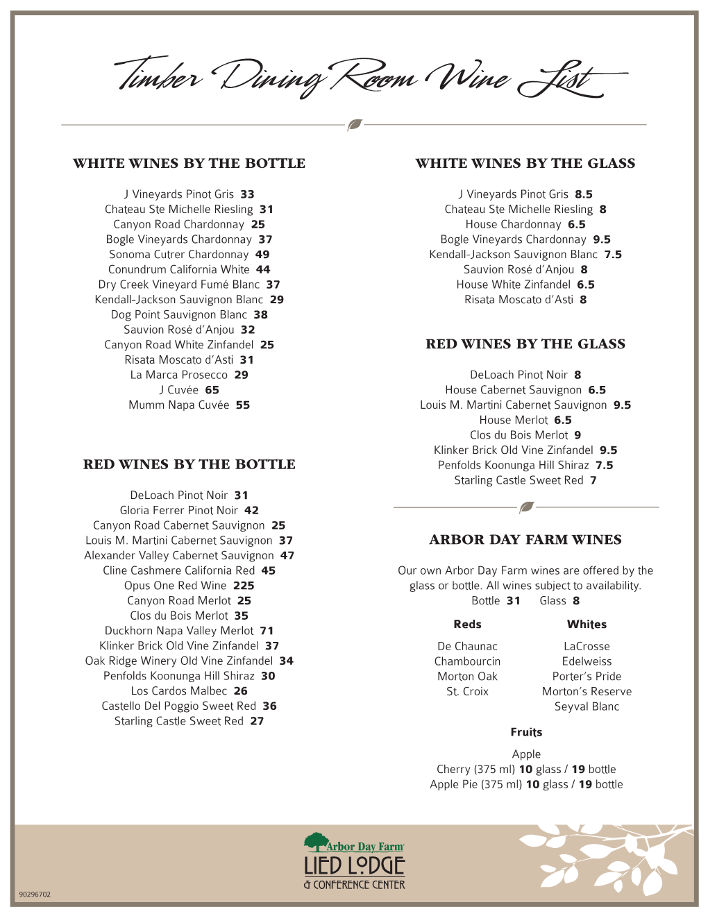 Timber Dining Room Wine List