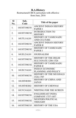 B.A.History Restructured CBCS Curriculum with Effective from June, 2016