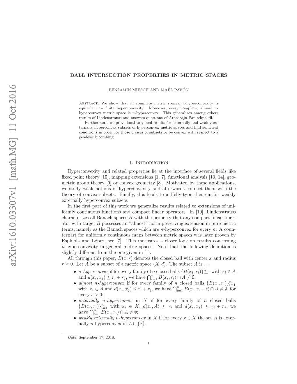 Arxiv:1610.03307V1 [Math.MG] 11 Oct 2016 Hoyo Ovxsbes Ial,Ti Ed Oahlytp Theore Helly-Type a to Leads This Connec Finally, Subsets