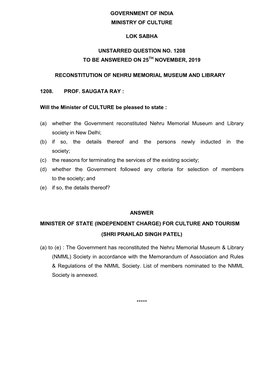 Government of India Ministry of Culture Lok Sabha Unstarred Question No. 1208 to Be Answered on 25Th November, 2019 Reconstituti