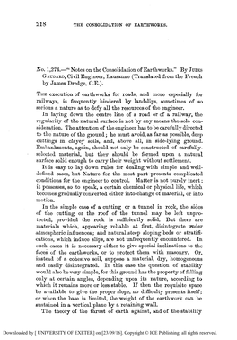 Notes on the Consolidation of Earthworks." by JULES GAUDARD,Civil Engineer, Lausanne (Translatedfrom the French by James Dredge, C.E.)