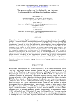 The Association Between Vocabulary Size and Language Dominance of Bilingual Malay-English Undergraduates