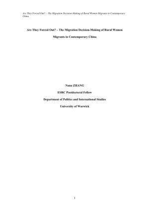 1 Are They Forced Out? – the Migration Decision-Making of Rural Women Migrants in Contemporary China