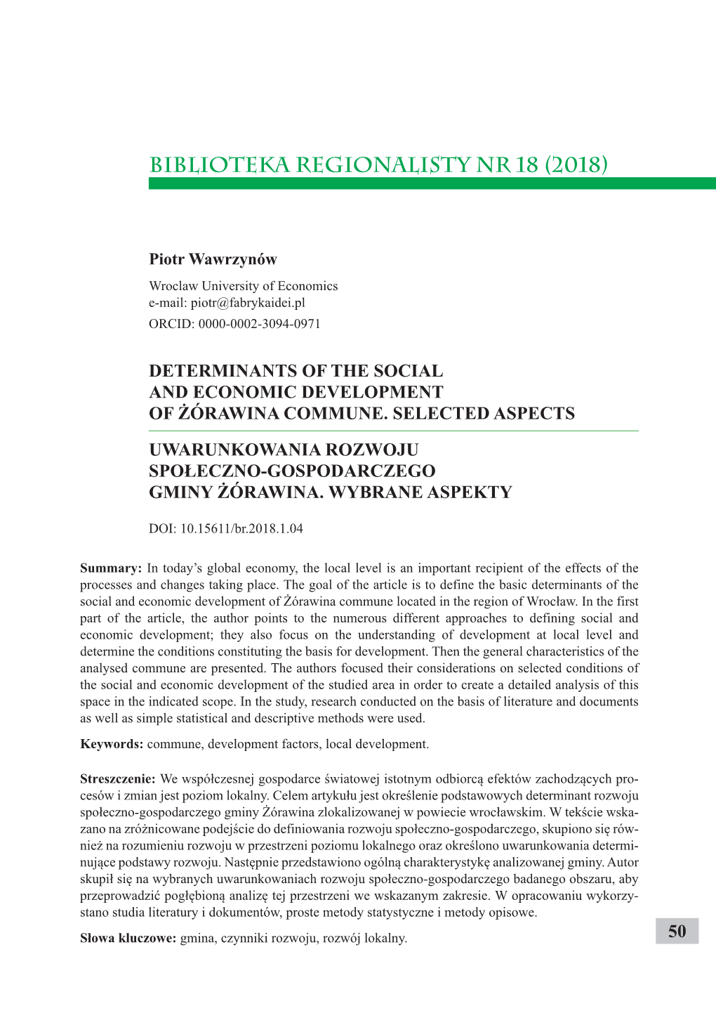 Determinants of the Social and Economic Development of Żórawina Commune