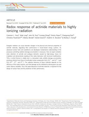 Redox Response of Actinide Materials to Highly Ionizing Radiation