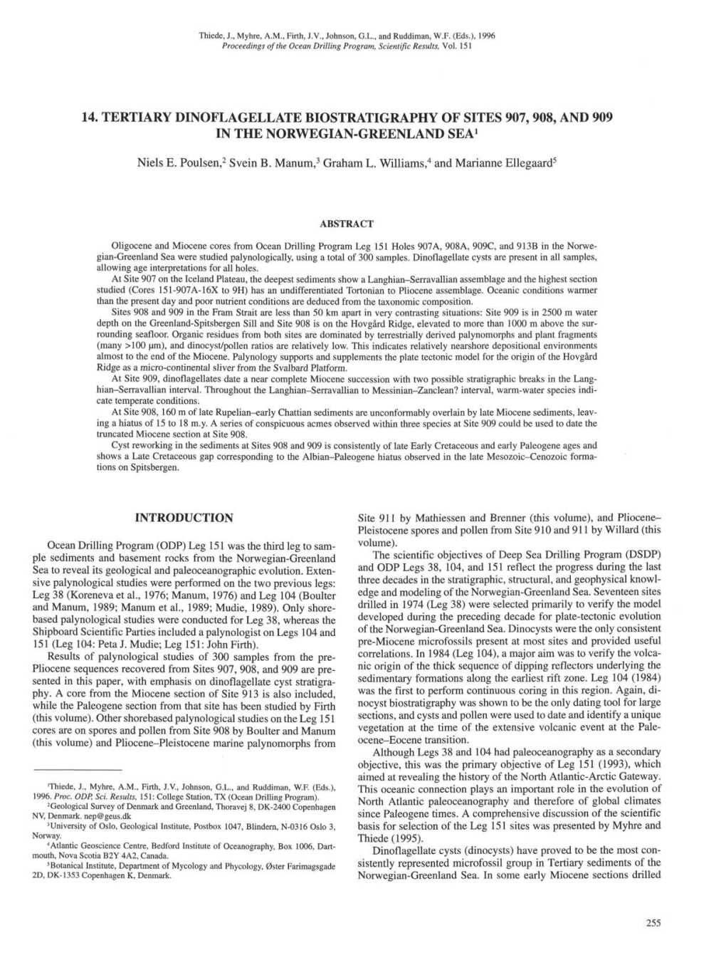 14. Tertiary Dinoflagellate Biostratigraphy of Sites 907, 908, and 909 in the Norwegian-Greenland Sea1