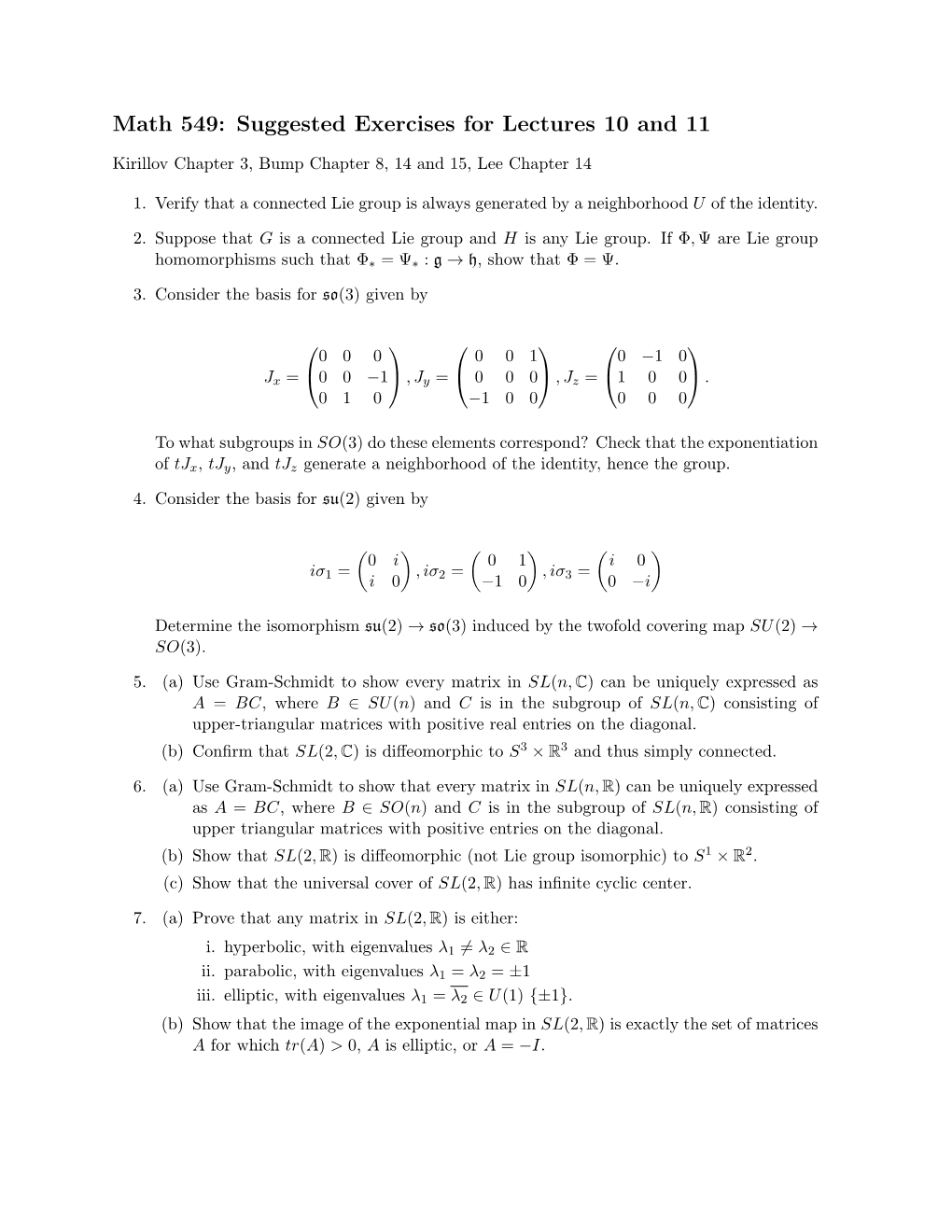 Math 549: Suggested Exercises for Lectures 10 and 11