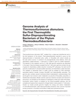 Genome Analysis of Thermosulfurimonas Dismutans, the First Thermophilic Sulfur-Disproportionating Bacterium of the Phylum Thermodesulfobacteria