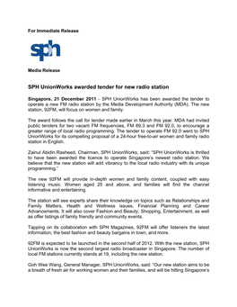 SPH Unionworks Awarded Tender for New Radio Station