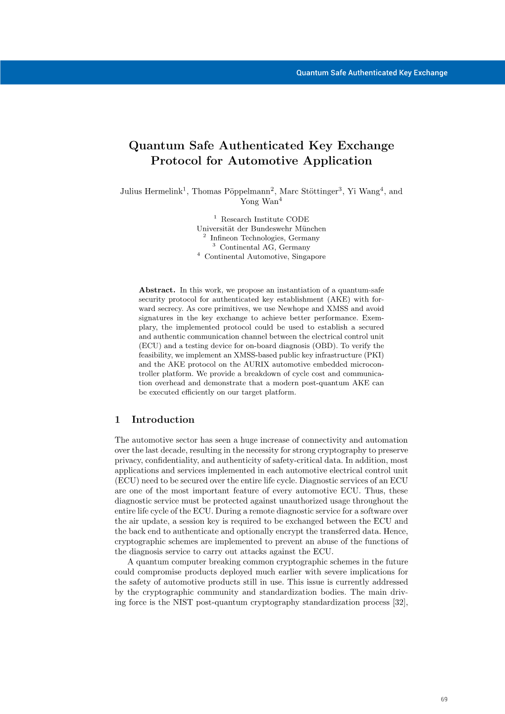 Quantum Safe Authenticated Key Exchange Protocol for Automotive